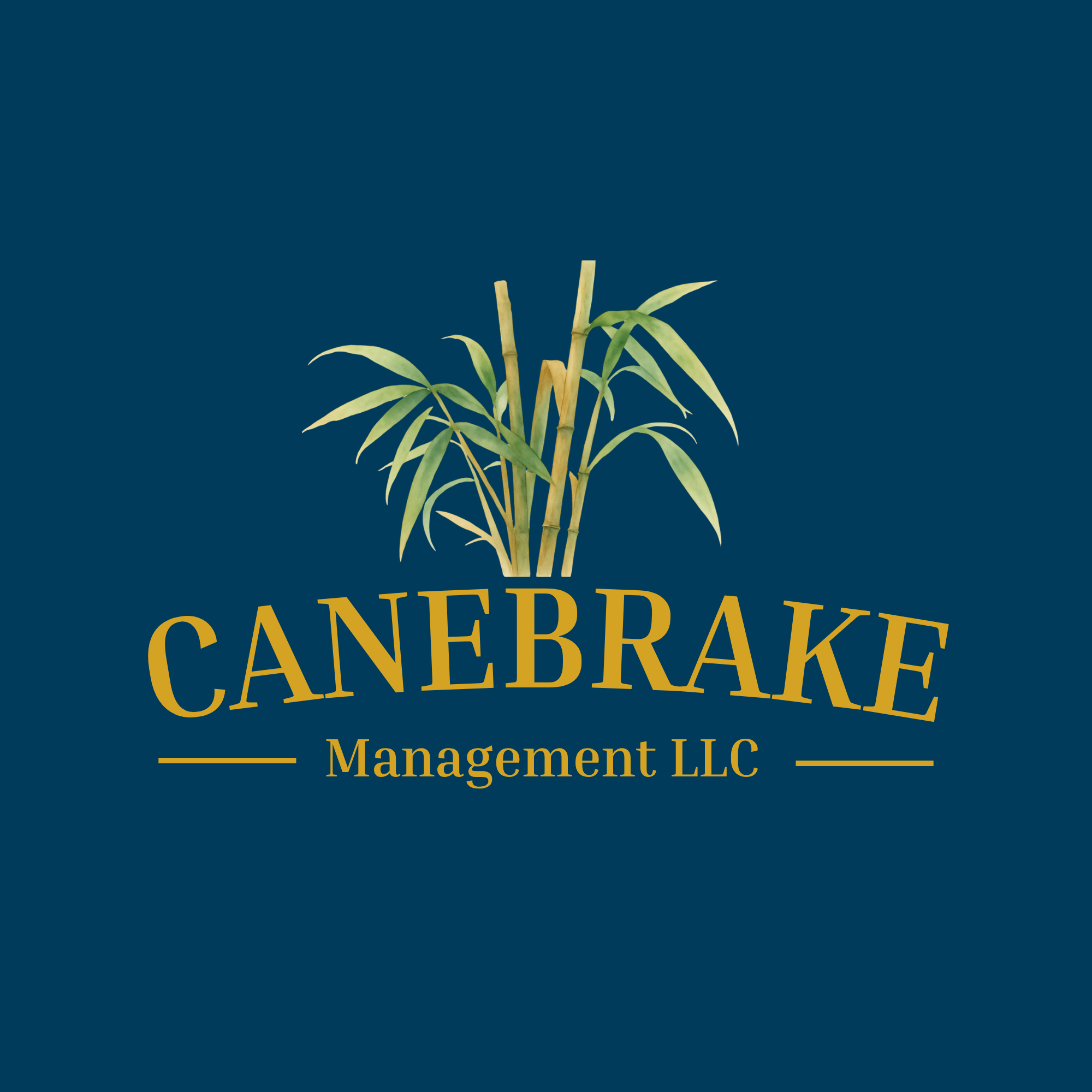 Canebrake Management LLC logo with gold lettering and river cane on navy